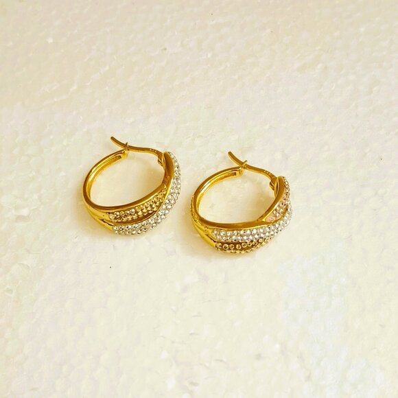 925 Pave Twisted Hoop Earrings Gold over Sterling Silver Pierced - Picture 7 of 13